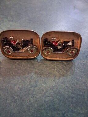 Swank Vintage Car Motif Cufflinks in Gold Tone with Enamel Detail